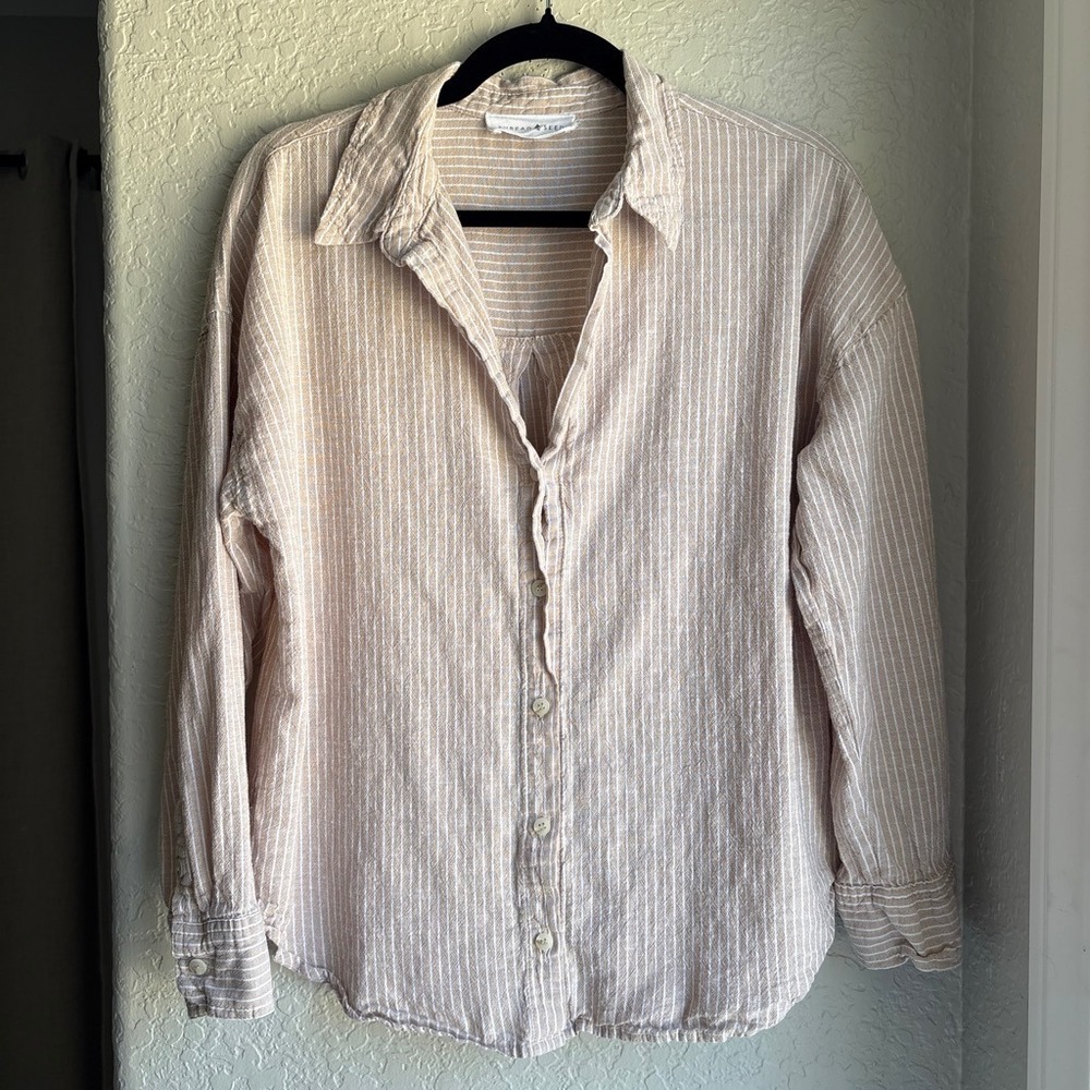 Striped Women L Button Boho Tan White Linen Blend Long Sleeve Coastal Granola - Picture 1 of 7